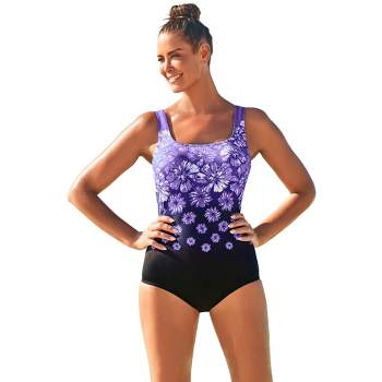Swim 365 Women's Plus Size Zip-Front One-Piece With Tummy Control - 16,  Purple
