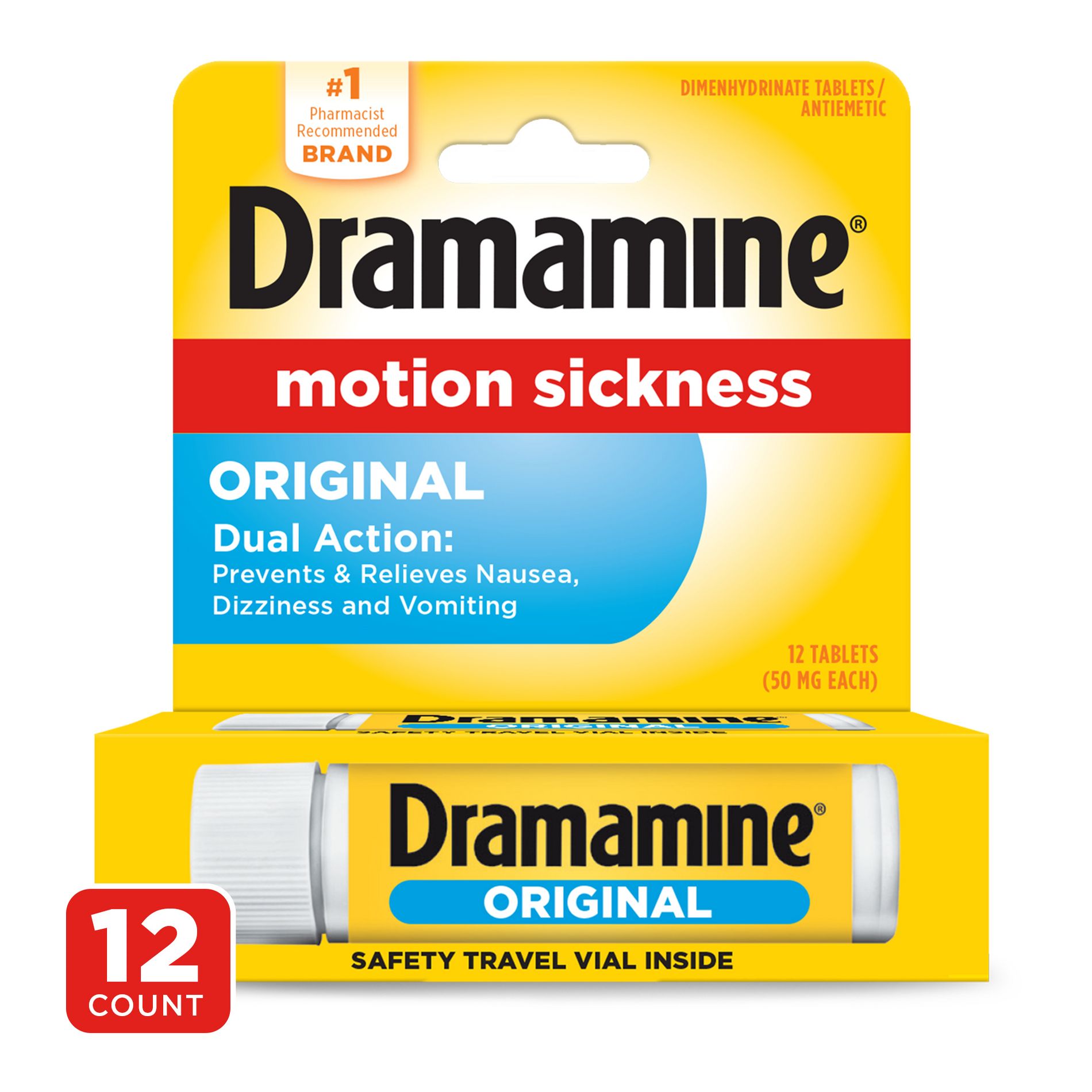 Dramamine Original Formula Motion Sickness Relief Tablets for Nausea, Dizziness & Vomiting - 12ct