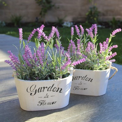 Artificial Lavender Plants in Rustic Wooden Planters - Lifelike Faux Silk Purple Flowers (Set of Two), White Pots