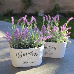 Artificial Lavender Plants in Rustic Wooden Planters - Lifelike Faux Silk Purple Flowers (Set of Two), White Pots - 1 of 4