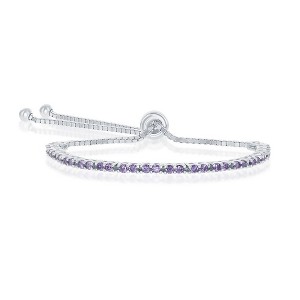 Bella Silver Sterling Silver 2MM Amethyst CZ 'February Birthstone' Tennis Adjustable Bolo Bracelet - Purple - 1 of 2