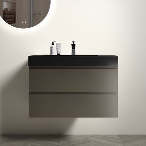FAMYYT 36 in. Single Sink Floating Gray Bath Vanity with Black Engineered Stone Top (Assembled), Large Storage - 1 of 4