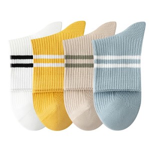 Anna-Kaci Womens Athletic Crew Socks 4-Pack Ribbed Knit Design Contrast Double Stripe Stretch Comfort Everyday Fit - 1 of 4