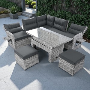 Outdoor Patio Rattan Sectional Sofa Set with Adjustable Height Table and 2 Reclining Seat, Extendable Side Tables - 1 of 4