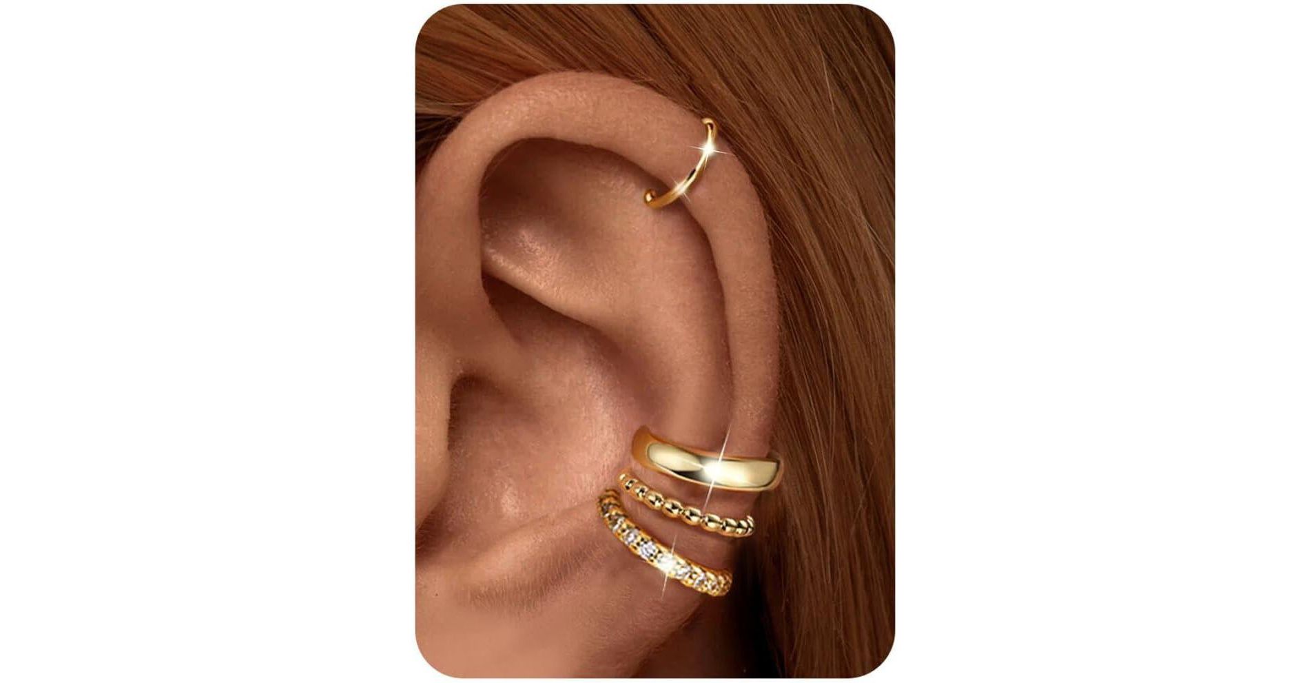 4-Pair Gold Plated Ear Cuffs - Hypoallergenic Clip-On Cartilage Earrings (Silver/Gold), Non-Tarnish Fake Ear Jewelry Set