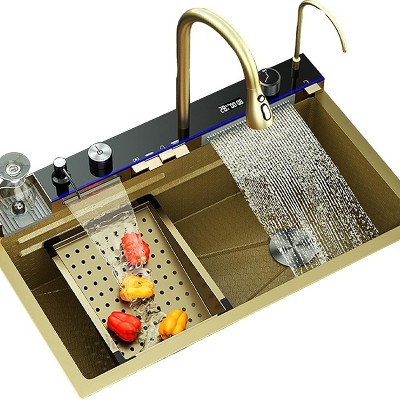 Gold Stainless Steel Single Basin Waterfall Kitchen Sink with Digital Display