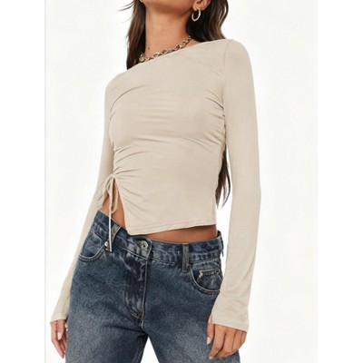 Women's Cowl Neck Long Sleeve T Shirt with Side Slit Tie Detail Regular Fit Crew Neck Basic Top
