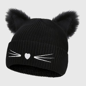 Anna-Kaci Women's Cat Ear Knit Beanie - Faux Fur Ears with Heart Whisker Embroidery for Cute Casual Winter Wear - 1 of 4