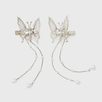 Moving Butterfly with Pearl Tassel Hair Clip Set 2pc - Wild Fable™ Silver