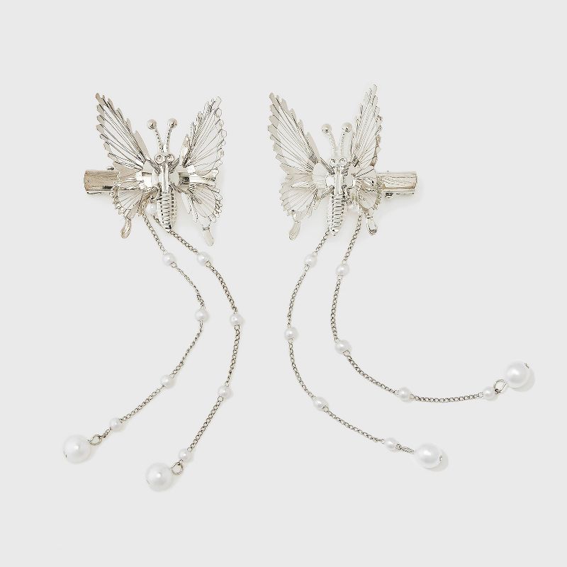 Moving Butterfly with Pearl Tassel Hair Clip Set 2pc - Wild Fable&#8482; Silver, 1 of 3