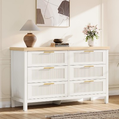 GAOMON Fluted 6 Drawer Dresser for Bedroom, 47.4'' Wide Mid Century Modern Chest of Drawers, Wooden Fluted Dresser Chest