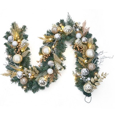 6 FT Prelit Christmas Garland, Winter Wall Hanging Garland with 20 LED Lights, Xmas Garland with Ball Ornaments for Fireplace Mantle Decoration
