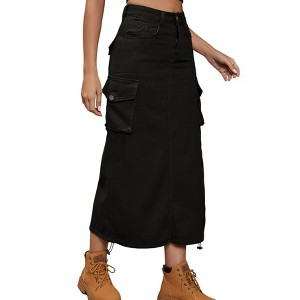 Women Y2k Cargo Long Skirt Low Waist Drawstring Maxi Skirt Ruched Vintage Slit Cargo Skirt with Pockets - 1 of 4