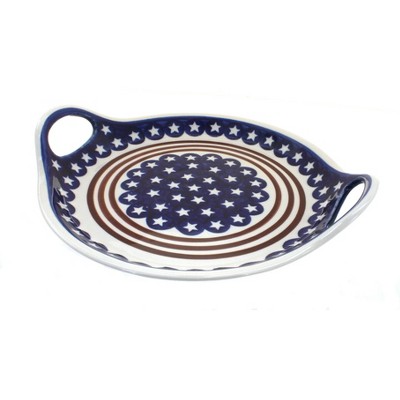 Blue Rose Polish Pottery Stars & Stripes Round Serving Tray with Handles