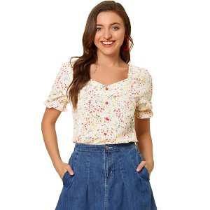 INSPIRE CHIC Women's Sweetheart Neck Button Decor Smocked Shoulder Floral Blouse - 1 of 4