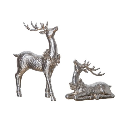 Resin Silver Reindeer Figurine Set of 2