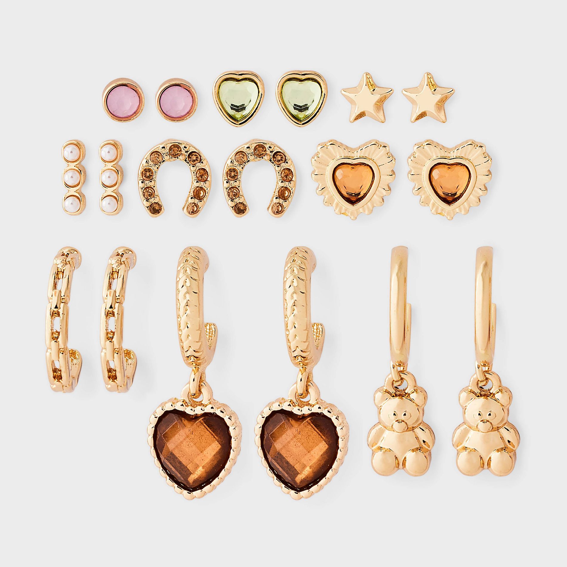 Girls' Heart Studs and Hoops with Teddy Bear Charms Mixed Earring Set 9pc - art class™ Gold