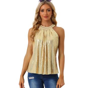 Allegra K Women's Shiny Metallic Crop Cami Hollow Out Backless Disco  Holographic Halter Camisoles Gold L : Target