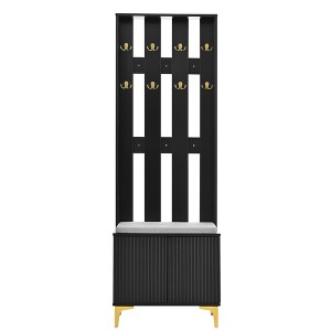 Vynxaria Hall Trees: 70.8-Inch Modern Luxury 4-in-1 Black Entryway Bench with Gold Hooks and Fluted Doors - 1 of 4