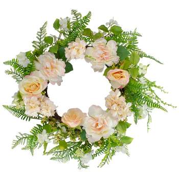 Northlight Rose and Peony Fern Artificial Floral Spring Wreath, Pink - 24-Inch