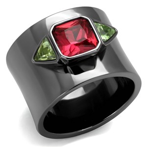Slickblue Statement Ring for Women – Light Black IP Finish with Red Square & Green Triangle Stones – Size 5–10 - 1 of 4