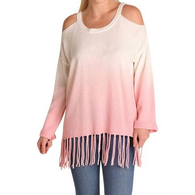 Women's Ombre Cold Shoulder Fringe Sweater - PLUS - umgee