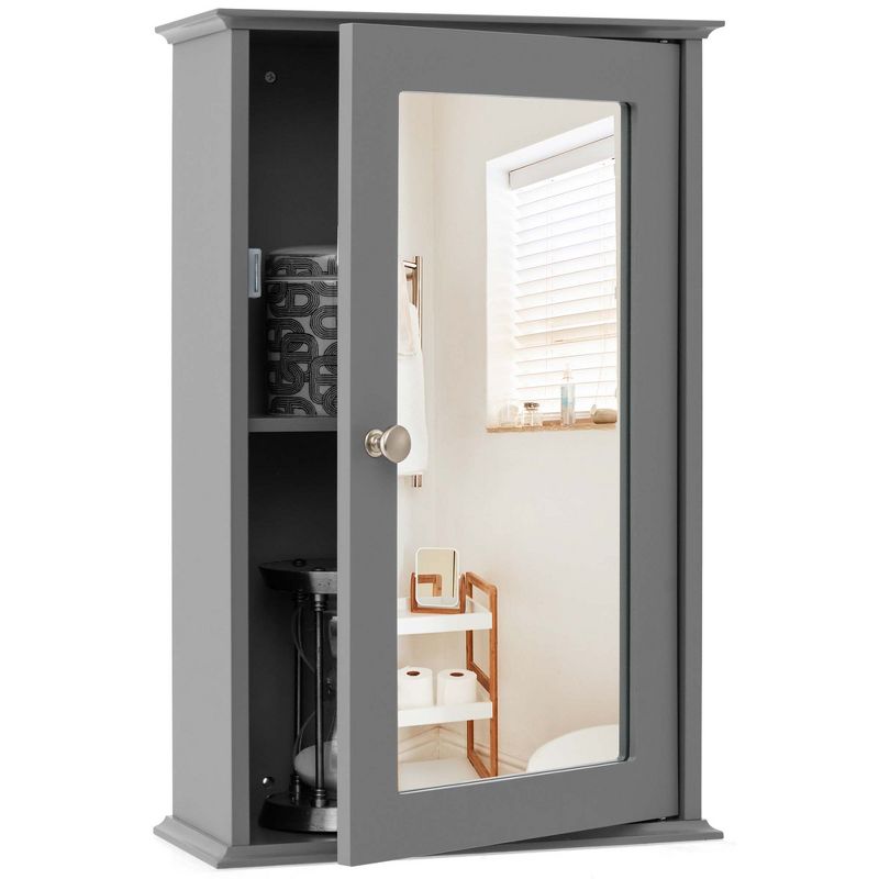 Costway Bathroom Wall Cabinet Single Mirror Door Cupboard Storage Medicine Cabinet Wood Shelf Grey\Brown, 1 of 11