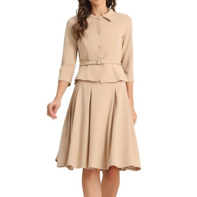 Allegra K Women's Business Office Long Sleeve Blazer Jacket Pleated Skirts 2 Piece Suit Sets Outfits