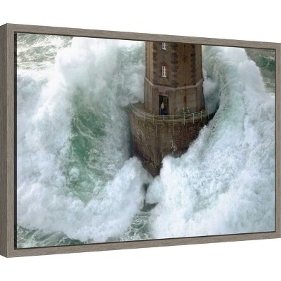 Stormy Lighthouse Lithograph on Canvas with Grey Frame