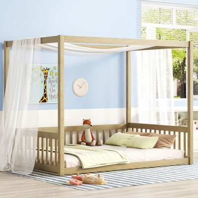 CAVINAS Twin Size Canopy Bed Modern Pine Bed Frame with Guardrail for Bedroom, without Slats