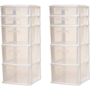 Homz Clear Plastic 5 Drawer Medium Home Organization Storage Container Tower with 3 Large Drawers and 2 Small Drawers, White Frame (2 Pack)