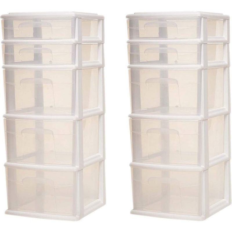 Homz Clear Plastic 5 Drawer Medium Home Organization Storage Container Tower with 3 Large Drawers and 2 Small Drawers, White Frame (2 Pack), 1 of 8