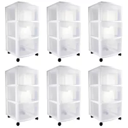 Sterilite 28308002 Home Stackable 3 Drawer Wide Plastic Storage Organizer Container with Drawers and Rolling Wheels, White (Set of 6)