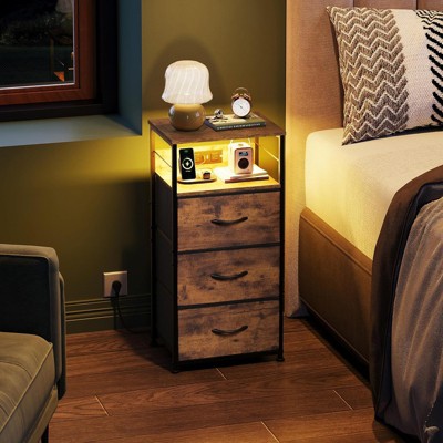 GALAXHERO Nightstand Set of 2 with Charging Station, LED Night Stand with 3 Fabric Drawers and Storage Shelf, Bedside Table 31.93" Tall
