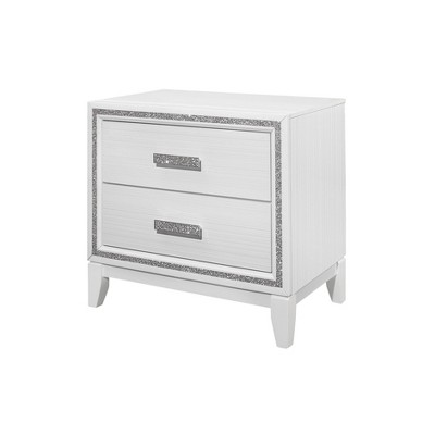Vynxaria Transitional Glam 2-Drawer Nightstand - White Finish, Crushed Crystal-Like Handles, Chip Board/LVL/MDF/Rubberwood, Bedroom Storage