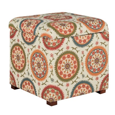 Suzani Patterned Fabric Upholstered Wooden Ottoman with Hidden Storage White/Orange - Benzara