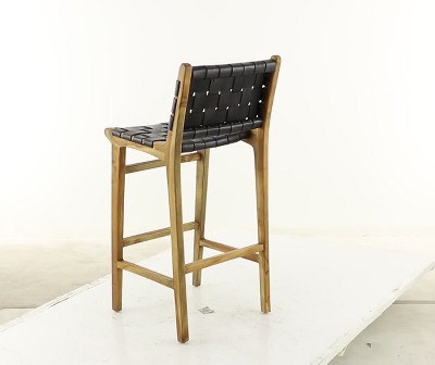 Contemporary Modern Teak Woven Leather Barstool Brown - Olivia