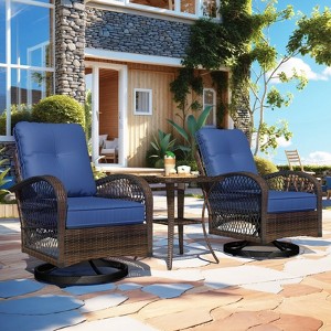 EROMMY Outdoor Swivel Rocker Bistro Set - 3 Piece Wicker Patio Set With 2 Swivel Rocking Chairs, Cushions, And Tempered Glass Side Table - 1 of 4