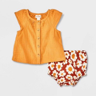 Image of Baby Girls' 2pc Gauze Top & Bottom Set - Cat & Jack™ Gold 3-6M