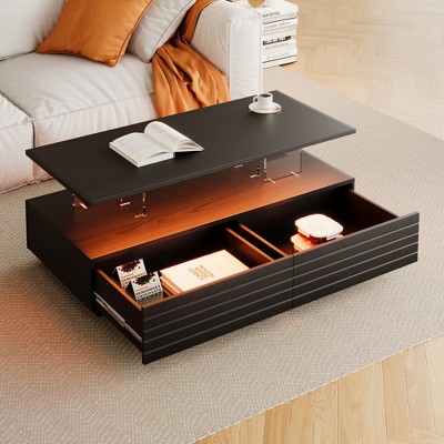 Modern Coffee Table Cocktail Table Center Table with LED Lights and 2 Drawers, Rectangular, White/Black/Walnut-ModernLuxe