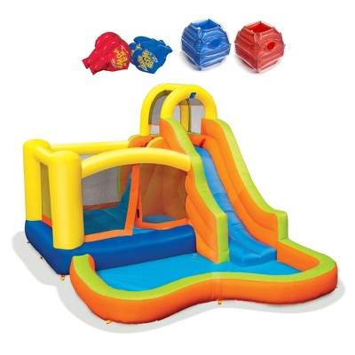 Banzai Sun 'N Splash Fun Kids Inflatable Bounce House & Water Slide Splash Park & Battle Bop Combo Pack with 2 Inflatable Gloves & 2 Body Bumpers