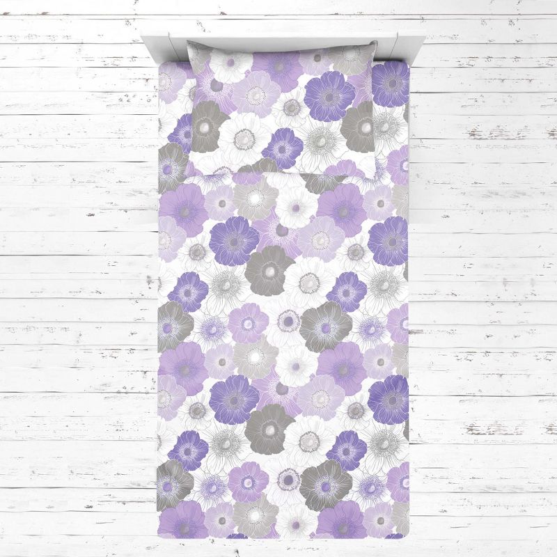 Bacati - Watercolor Floral Purple Gray 3 pc Toddler Bed Sheet Set, 4 of 9