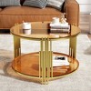 HTUTWOO 31.5" Brown Glass Coffee Table, Modern Cocktail Table Asymmetrical Metal, Circular Metal Drum Base With Lower Shelf For Living Room - 2 of 4