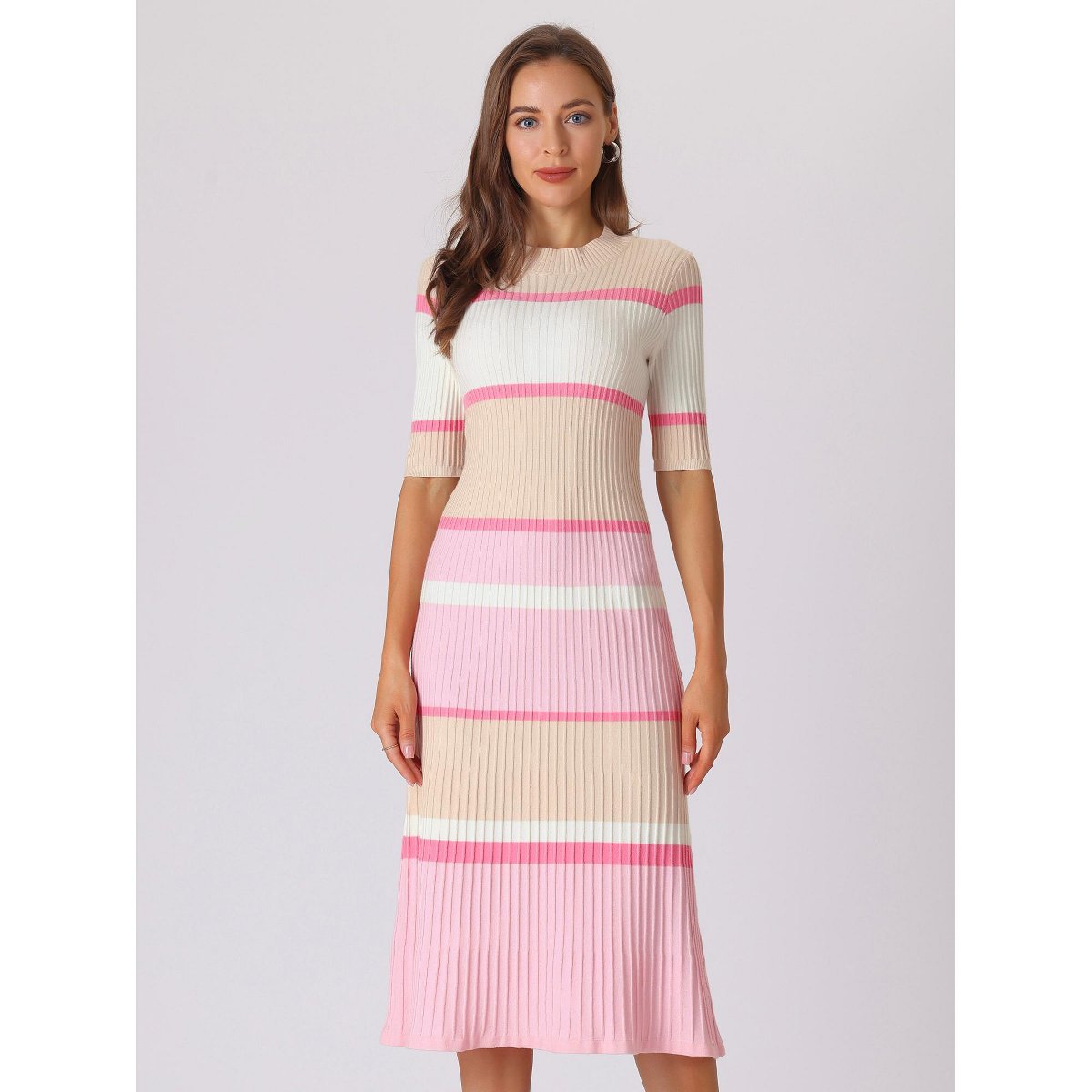 Женские платья INSPIRE CHIC Women's Striped Ribbed Short Sleeves Midi Basic Knitted Dresses Pink Medium — фото 2