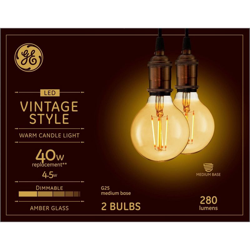 GE 2pk 4.5W 40W Equivalent LED Globe Light Bulbs Amber Glass Warm Candle Light, 4 of 7