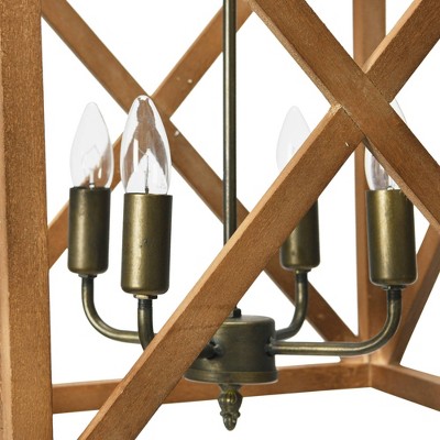 Natural Brown Wood and Metal Cage Chandelier, 4-Bulb