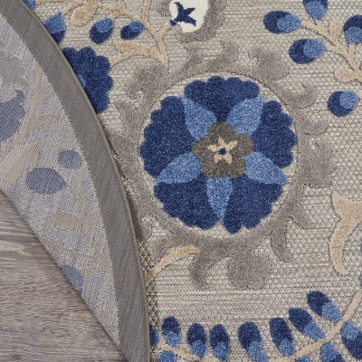 Natural Blue Floral Round Synthetic Rug, 5'3"
