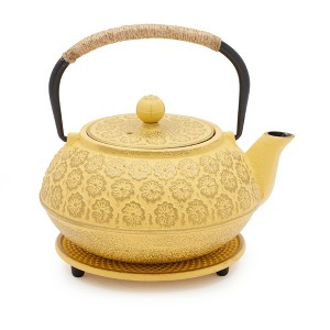Juvale 3 Piece Set Yellow Japanese Cast Iron Teapot, Floral Tetsubin with Infuser and Trivet, 27 oz - 1 of 4