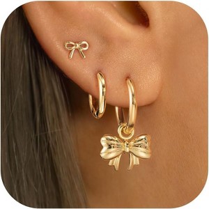 3 Pairs Small Gold Hoop Earring, 14K Gold Plated Earring Stacks Butterfly Heart Star Moon Bow Four Leaf Rhombus Round CZ Pearl - 1 of 4
