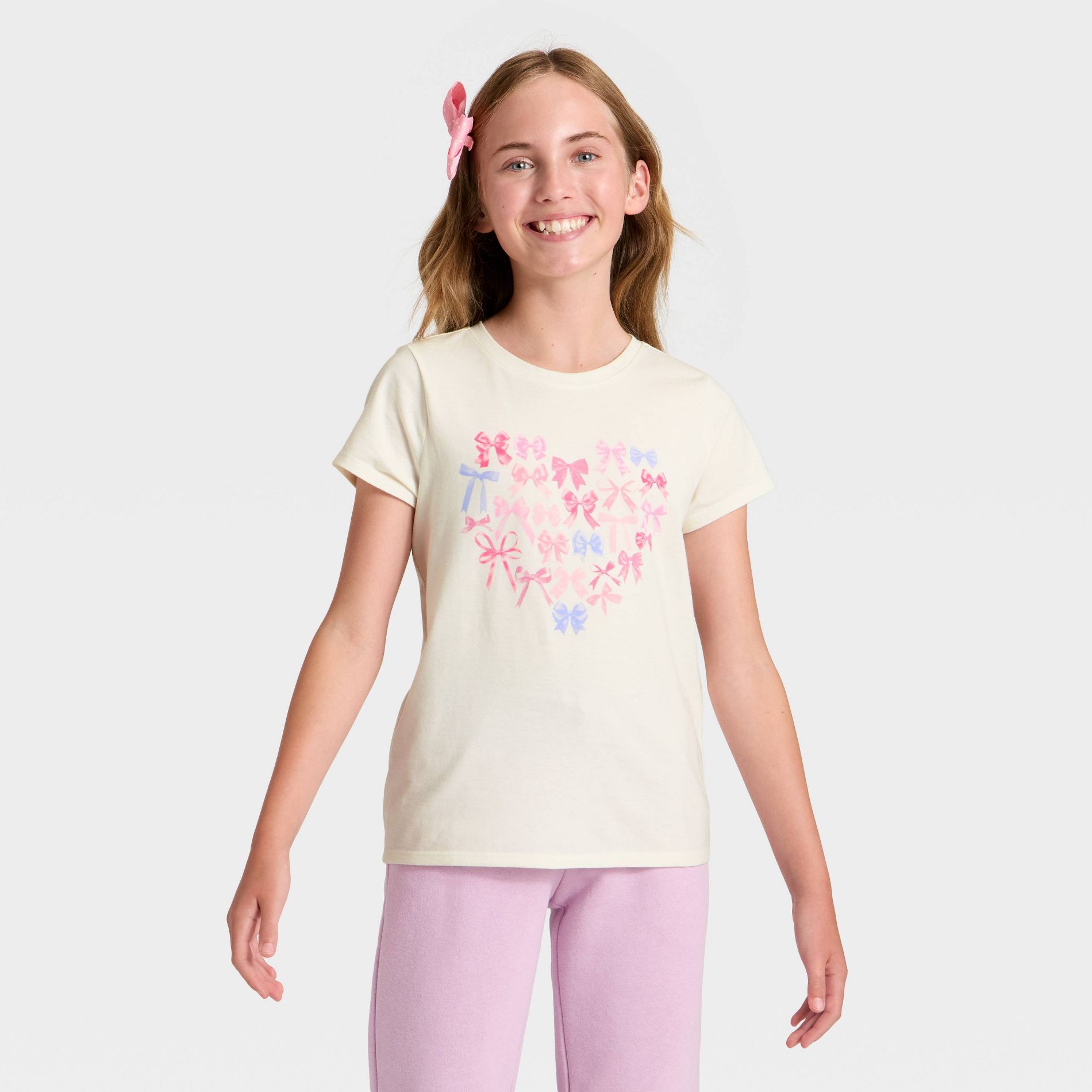 Girls' Short Sleeve 'Bow Heart' Graphic T-Shirt - Cat & Jack™ Cream